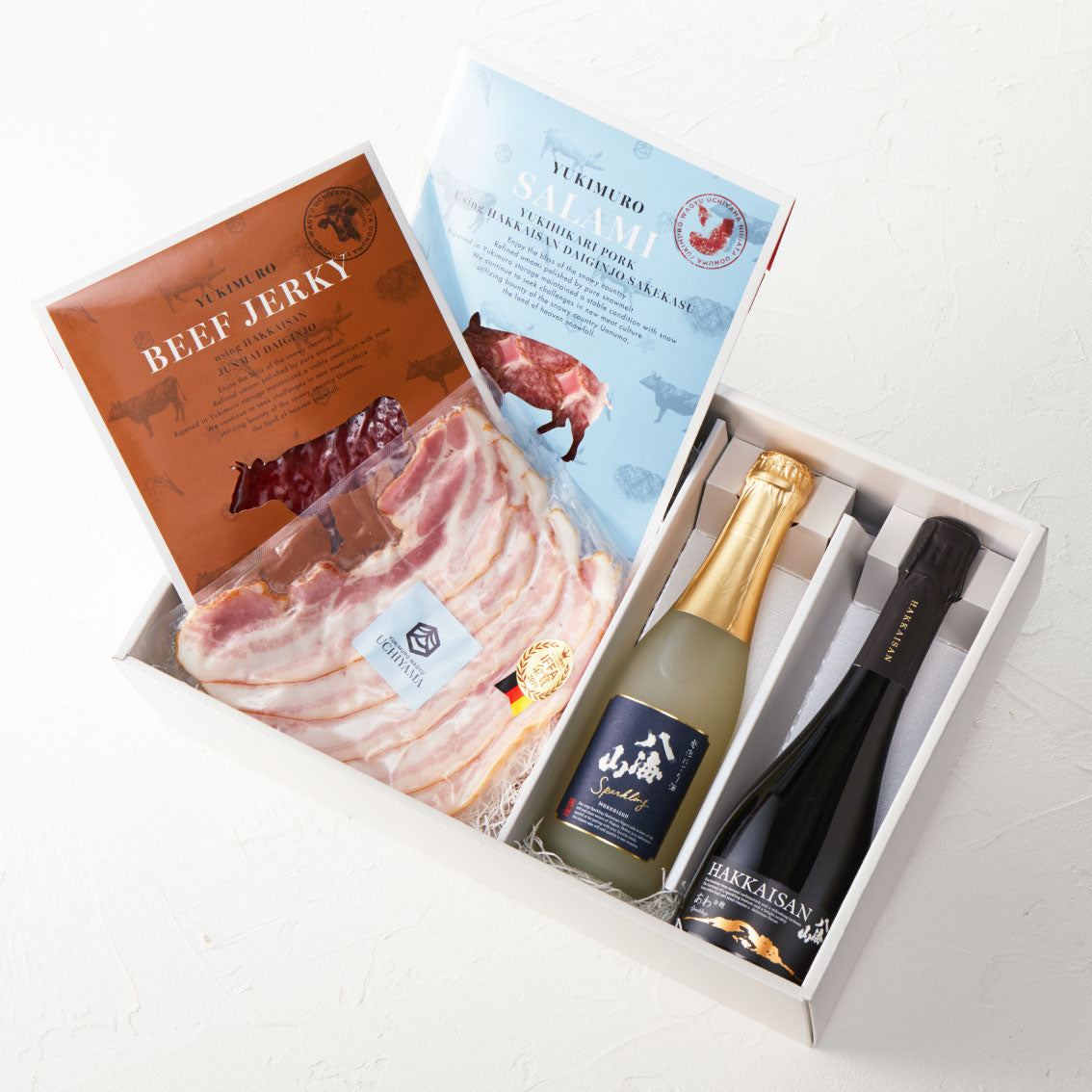 【内山肉店】厳選おつまみ3種と発泡にごり・白麹あわ2本セット 360ml