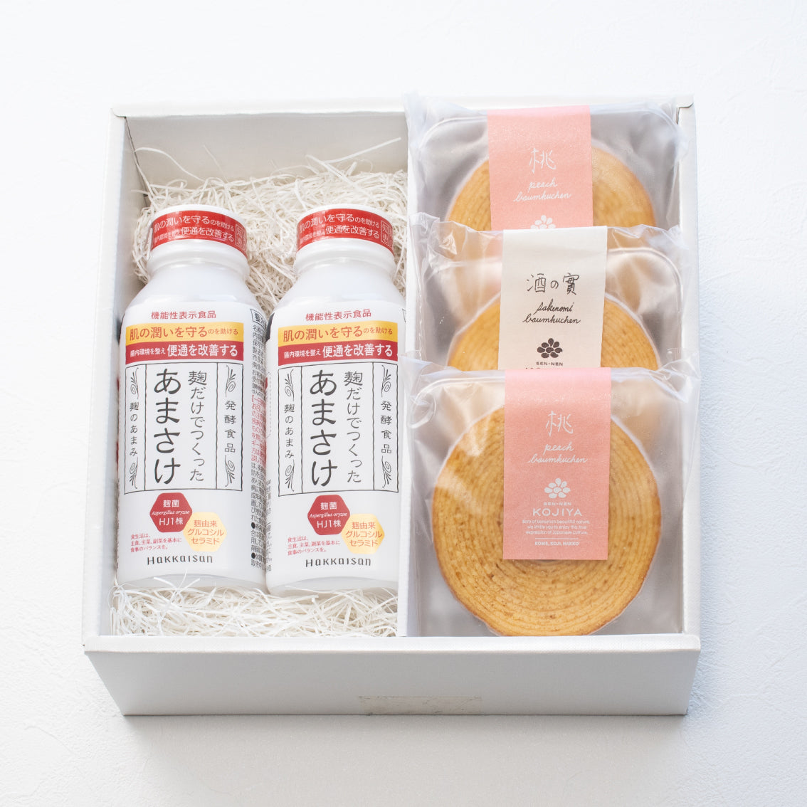 【季節の味わい】あまさけ410g2本と桃＆酒の實バウム計3個セット